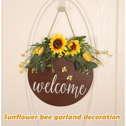 Rustic Welcome Sign With Sunflower Front Door Decor Round Wood Hanging Sign Farmhouse Porch Decorations Home Garden Accessories