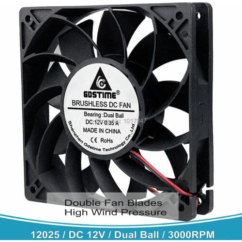 Gdstime High Wind Pressure 120mm 12025 DC 12V 2Pin Dual Ball Bearing 120x120x25mm 12cm Cooler Cooling Fan