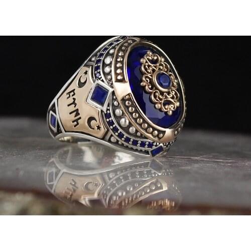 Göktürkçe Turkish Written Blue Zircon Stone 925 Sterling Mens Silver Ring