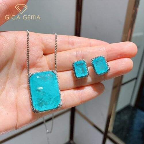 GICA GEMA Women Paraiba Tourmaline Jewelry Set Real 925 Sterling Silver Rectangle Stud Earrings Pendants Luxury Female Gifts