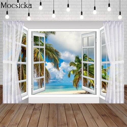 Mocsicka Summer Backdrop Window Sunshine Sea Beach Palm Tree Natural Scenic Background Photography Holiday Birthday Photo Studio