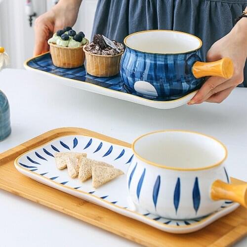 New Japanese style breakfast cutlery set simple small luxury ceramic handle bowl fruit bowl plates household rectangular plates