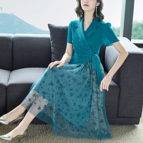Suit Collar Dress Female Summer New Design Chic Fake Two Piece Mesh Beaded Dress For Work Elegant Ladies Business Wear zh1422