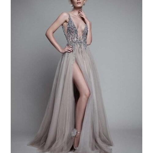Sexy Silver Gray Evening Dresses Deep V Neck Straps Sequins Beaded Tulle Side Split Backless Celebrity Dresses Long Prom Gown