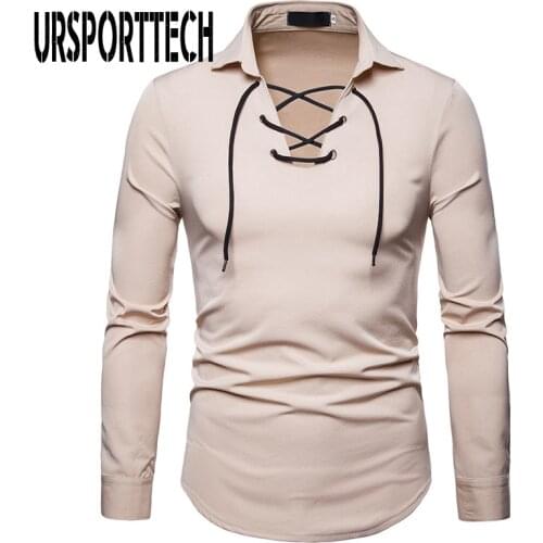 URSPORTTECH New Fashion Men Shirt Long Sleeve Bandage Shirt Men Blouse Plus Size Shirt Men Business Casual Slim Fit Clothing