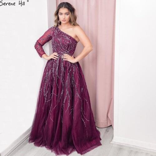 Serene Hill Dubai Design Burgundy A-Line Evening Dress One-Shoulder Sexy Luxury Formal Party Wear Gown 2021 CLA60988
