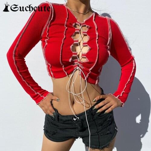 SUCHCUTE Sexy Cut Out Womens T-Shirt Grunge Aesthetic Lace Up Female Long Sleeve Shirt Streetwear Punk Style Skinny Crop Tops