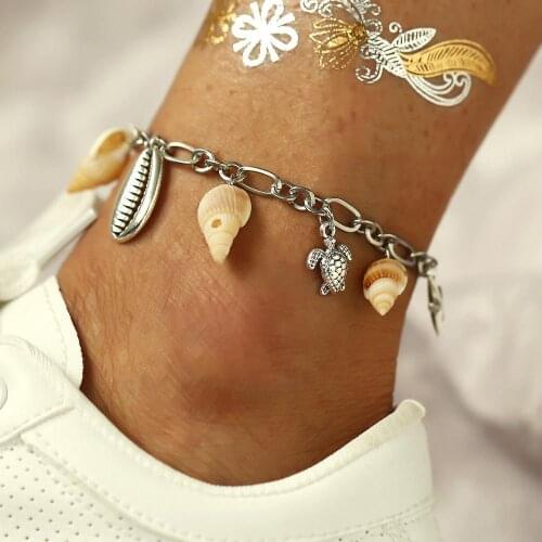 Modyle Bohemian Fashion Beach Jewelry Vintage Silver Color Turtle Shell Conch Anklets For Women