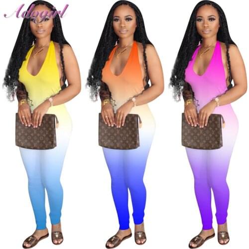 Women Summer Gradient Print Halter V-Neck Backless Night Party Club Bodycon Jumpsuit Sexy Ouyfit Streetwear Rompers Overalls