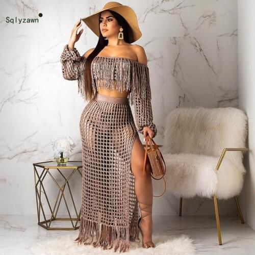 Women Sexy Off Shoulder Long Sleeve Crop Tops + Split Long Skirt Tassel Hollow Out 2 Piece Sets Beach Transparent Lace Outfits