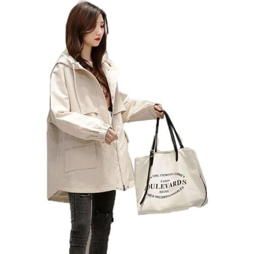 New Spring Autumn Large Size Ladies Trench Coat Mid-Length Zipper Womens Casual Hooded Windbreaker Outerwear Tops Tooling A16