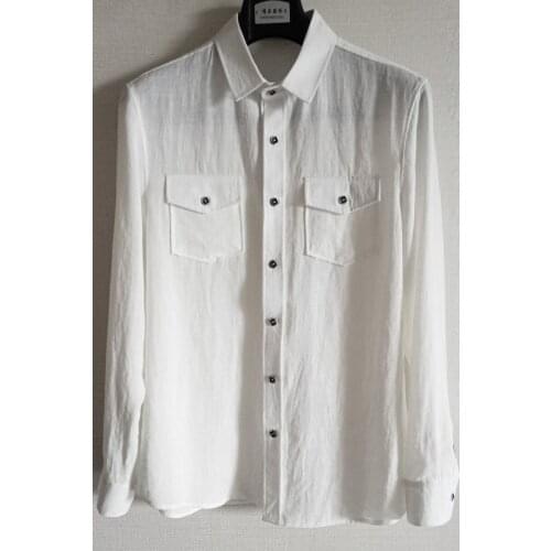 S-4XL!A dress for a large dark stageNew white comfortable breathable long-sleeved shirt bottom shirt fashionable linen shirt men