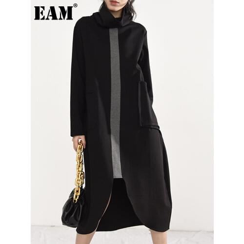 [EAM] Women Black Pocket Big Size Midi Dress New Turtleneck Long Sleeve Loose Fit Fashion Tide Spring Autumn 2021 1Z30901