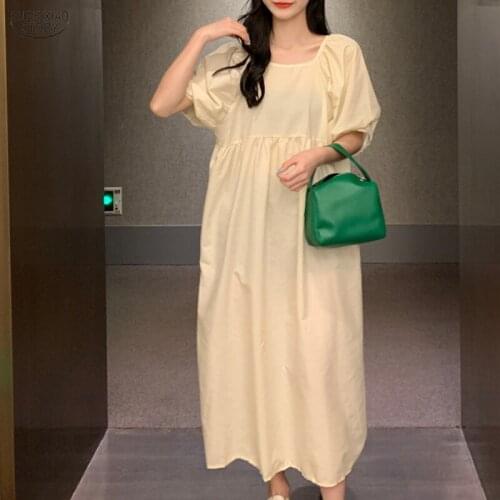 2021 Summer Dress Women Casual Loose Lantern Sleeve Maxi Dress Plus Size Dresses Bow O-neck Straight Short Robe Femme 15355