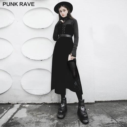 PUNK RAVE Womens Punk Metal Buttons Black Sling Casual Workwear Dress Street Style Velvet Suspender Double High-waisted Dress