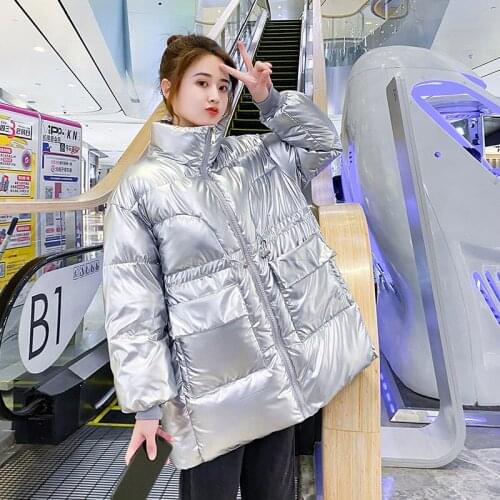2020 Autumn Womens Winter Coats Fashion Silver Stand Collar Parkas Winter Jacket Women Pockets Padded Cotton Coat