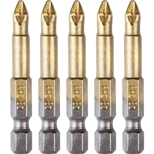 5PCS/LOT Titanium Coated 1/4" Hex Shank PH2 50mm Anti Slip Electric Cross Screwdriver Bit Phillips head With Magnetic tip