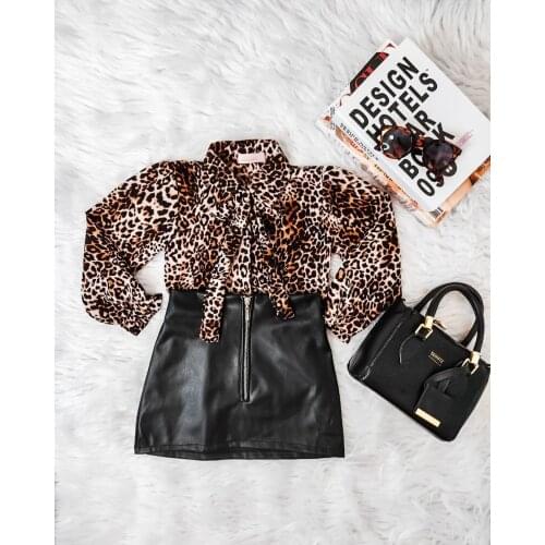 1-5Y Fashion Children Girls Clothing Sets Toddler Kid Girls Leopard Long Sleeve Blouse Shirts Tops+PU Leather Skirt Outfits