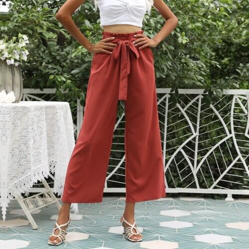 Womens High Waist Lace Up Ankle-Length Pant Red Wide Leg Loose Straight Flared Pants 2021 Summer Casual Office Lady Trousers