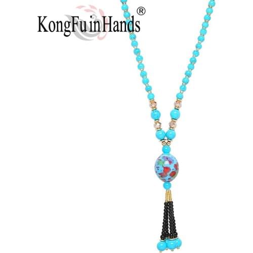 Blue Boho Long Necklace Beads Tassel Pendant Jewelry Antique Souvenir Ethnic Sweater Chain for Women Statement Bridesmaid gift