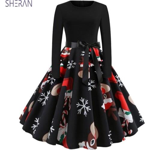 Elegant Christmas Dress Women 2019 Winter Vintage Dresses Robe femme Casual Long Sleeve Large Swing Pinup floral Dress Plus Size