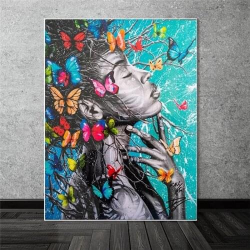 Graffiti Art African Black Woman Canvas Paintings Butterfly Posters Prints Wall Art Picture for Living Room Wall Decor Cuadros
