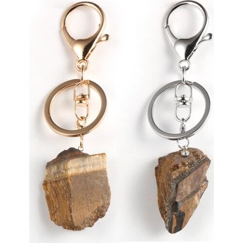 Healing Reiki Irregular Natual Gem Stone Tiger Eye Charm Keyrings Key Chain Alloy Lobster Clasp Key Ring Jewelry
