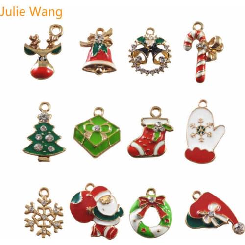 Julie Wang 12pcs Alloy Enamel Santa Claus Christmas Tree Shoe Deer Snowflake Charms Pendant Jewelry Making Christmas Decoration