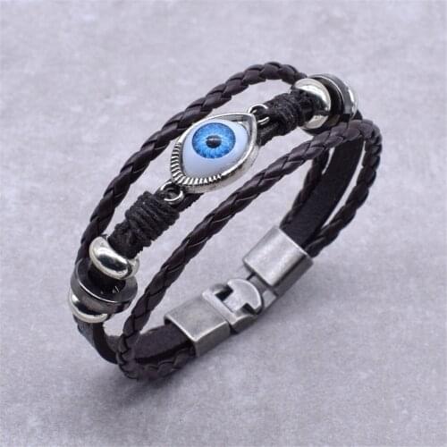 Hot Sale Black & Brown 20.5cm Hand made Leather Bracelet Men Women Evil Eye Bracelet Fashion Vintage Beads Jewelry