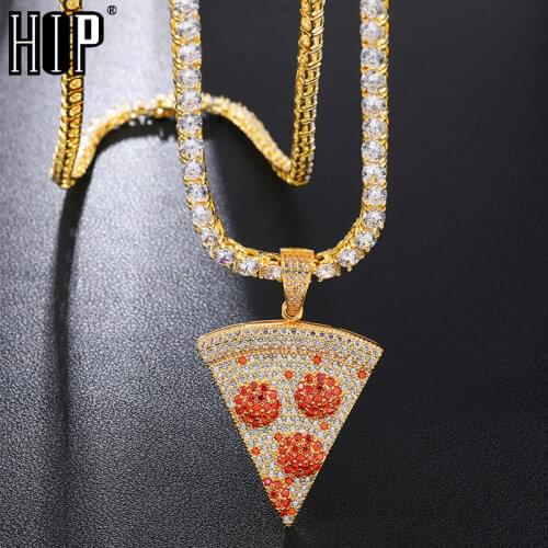Hip Hop Cubic Zirconia Iced Out Pizza Shape Copper Micro Paved Zircon Pendant & Necklace For Men Jewelry With Tennis Chain