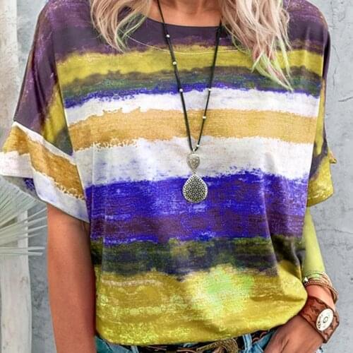 Summer Contrasting Color Patchwork O Neck Short Sleeve Women T Shirt Loose Casual Plus Size Ladies Streetwear Female Tops