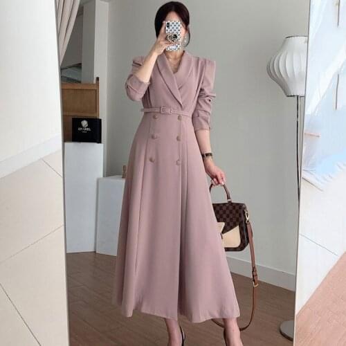 2021 New Long-sleeved Suit Collar Double-breasted Autumn Waist Was Thinner Retro French Windbreaker Mid-length Dress