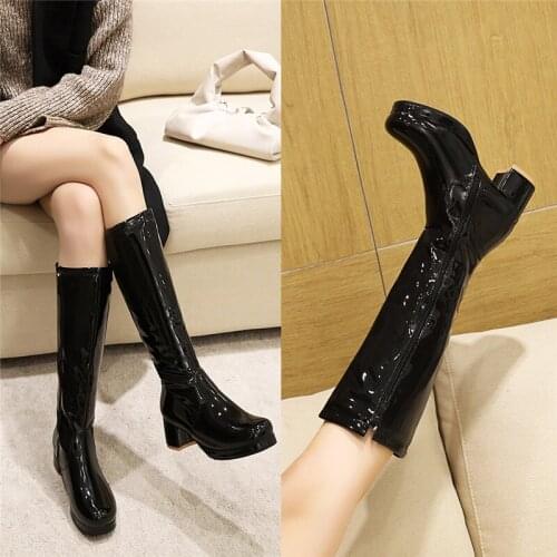 YQBTDL 2021 Winter Fashion Lovely Faux Patent Leather Green White Black Knee High Boots Block High Heel Lolita Shoes Plus Size