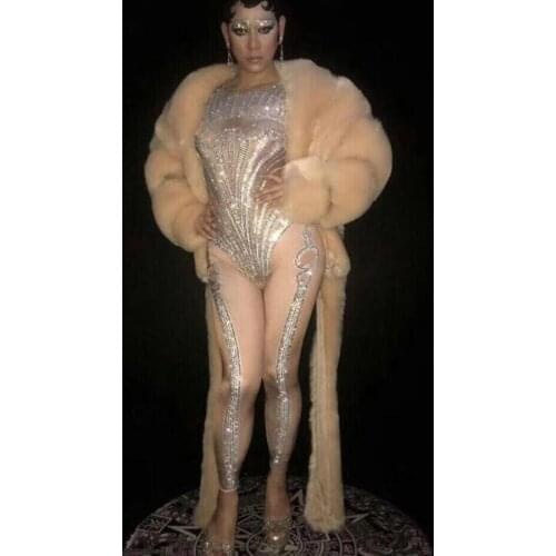 Sexy Women Body con Rhinestone Mesh See Through Club wear Party birthday Auto Show Dance Evening Costumes Jumpsuit Romper
