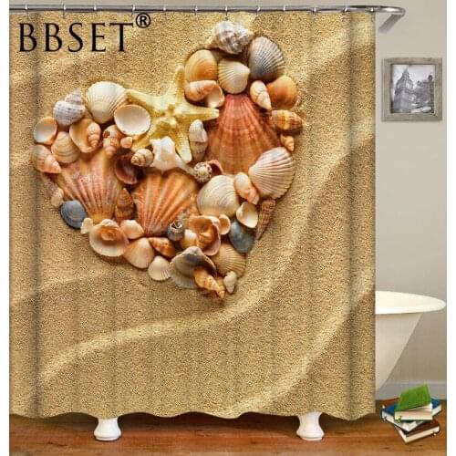Beach Shower Curtain Seashell Starfish Composing A Heart Shape Pattern Waterproof Multi-size Douchegordijn Bathroom Decor
