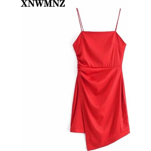 XNWMNZ 2021 Za Women Red mini dress with gathering Womens Summer thin straps satin Dress Female Chic asymmetric sexy Dresses