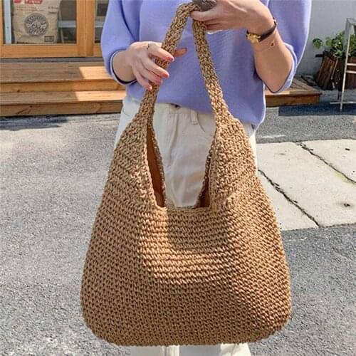Women Shoulder Bag Large Capacity Weavebag Female Fashion Zipper Weaving Tie Hollow Handbags Beach Tote Bag Net