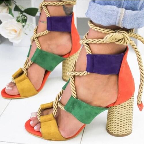 Womens Sandals Summer Bohemia Ethnic Style, Pumps Lace Up Open Toe Colorful High Heels, Plus Size Thick Heel Pumps Designer