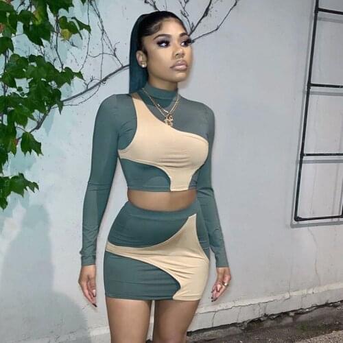 Fashion Color Block Patchwork Skirts Two Piece Set Women Fall Clothes for Women Turtleneck Crop Top Mini Skirts Tracksuit Women