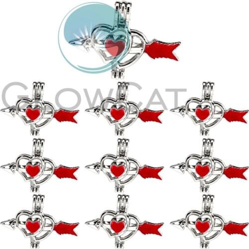 10X Love Heart Arrow Beads Cage Perfume Essential Oil Diffuser Pearl Cage Red Enamel Locket Pendant K1138