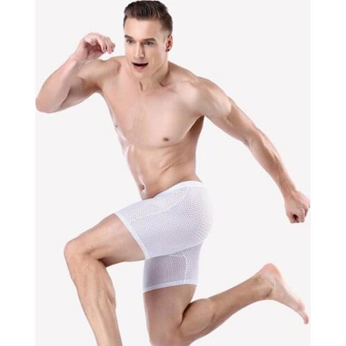 2 Pcs Set Ice Silk Anti Wear Legs Fitness Long Underwear Men Underpants Mesh Sexy Pull Stretch Boxers Sportswear Male Panties