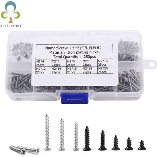 250Pcs/Box M2 Screw Set Cross Phillips Head Self-tapping Screws Black Silver Screws Furniture Hardware Accessories Screws GYH
