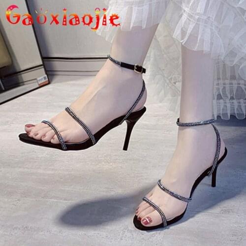 High-Quality Comfort Flock Strap Lady Sexy Sandal Shining Diamond Dress Prom Stilettos Summer Cross Buckle Strap High Heel Shoes