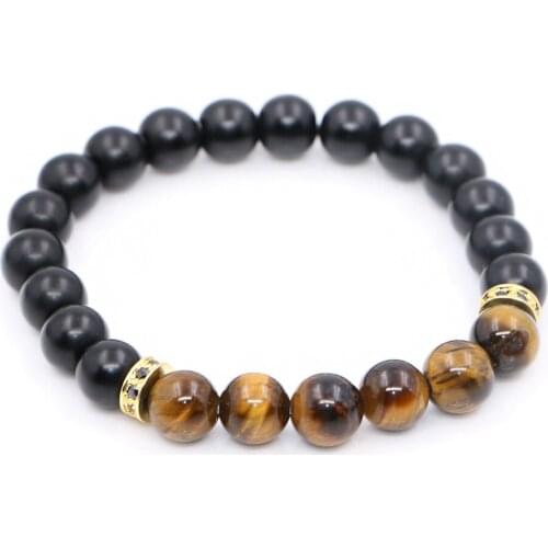 Atolyewolf Tiger Eye Beads Bracelets and Matt Onyx & Yellow Gold Zircon Brackets Charm Bracelet