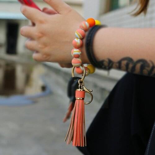New Fashion Silicone Wooden Beaded Wristlet Keychain Accessories Key Ring Round Tassel Jewelry Girl For Women L7E7