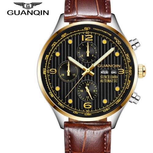GUANQIN Genuine Leather Strap Mens Watches Top Brand Luxury Automatic Mechanical Wrist Watch Self-Winding Waterproof men clock