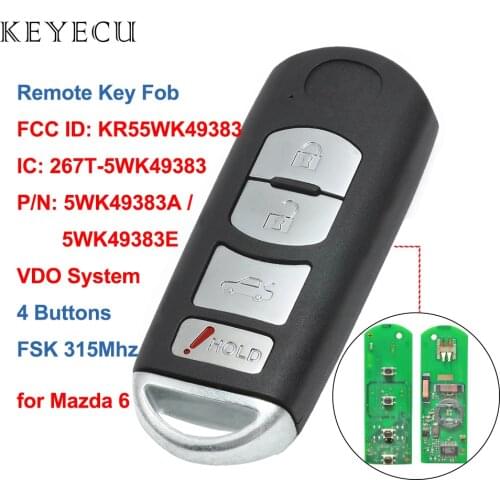 Keyecu Smart Remote Car Key Fob FSK 315MHz 4 Buttons 4D63 Chip for Mazda 6 2009 2010 2011 2012 2013, FCC ID: KR55WK49383