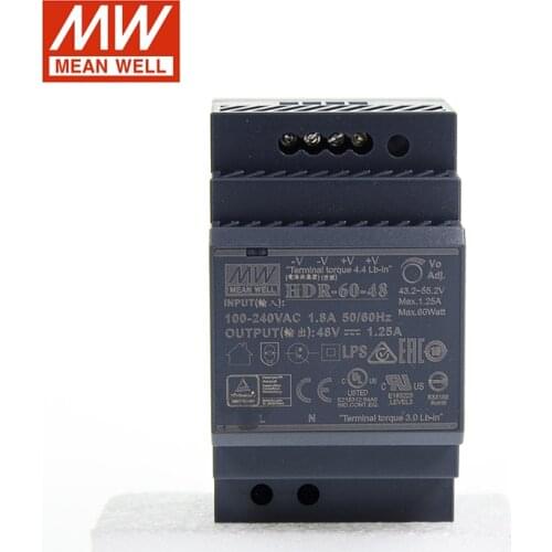MEAN WELL HDR-60-48 60W 48V Switching Power Supply 110V/220V AC to 48V DC 1.25A DIN Rail Slim Step Shape Isolated LPS CE UL