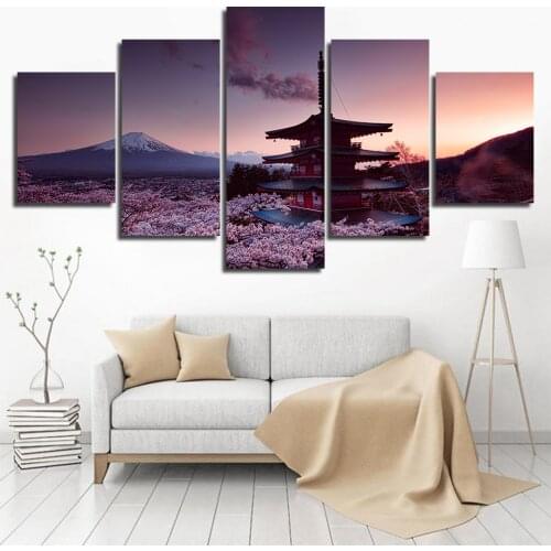 Modular Wall Art Canvas Painting HD Print 5 Pieces Chureito Pagoda And Mount Fuji Poster Picture Decor Living Room Art Frame