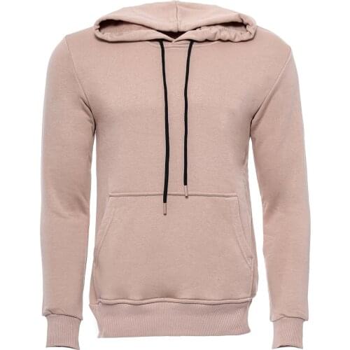 Hooded Pocket Plain Beige Mens Sweatshirt
